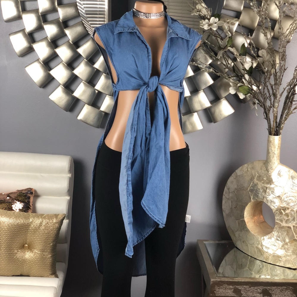 Denim Front Tie Shirt - Picture 2 of 8